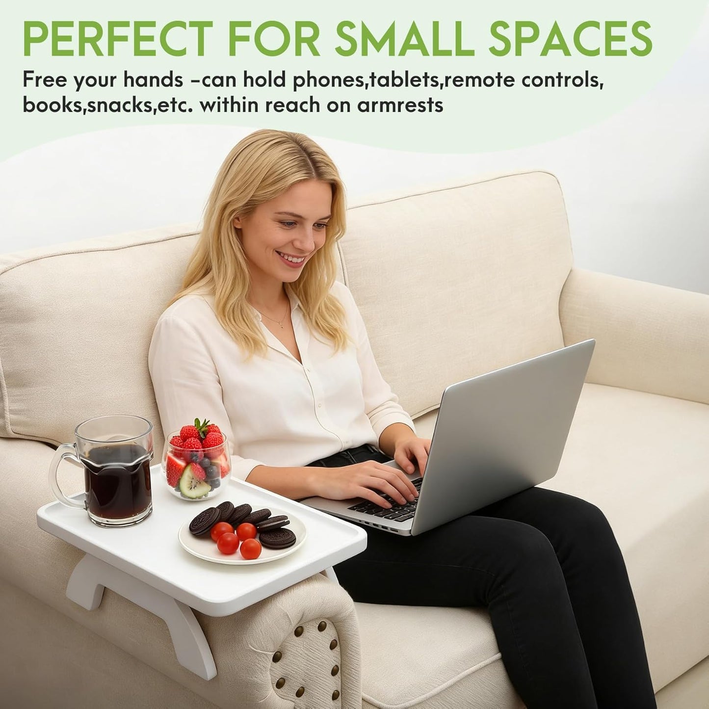 SINWANT Couch Arm Table,Bamboo Couch Arm Tray Clip on Sofa Armrest,Chair Side Table for Small Spaces Drink Eating Dinner