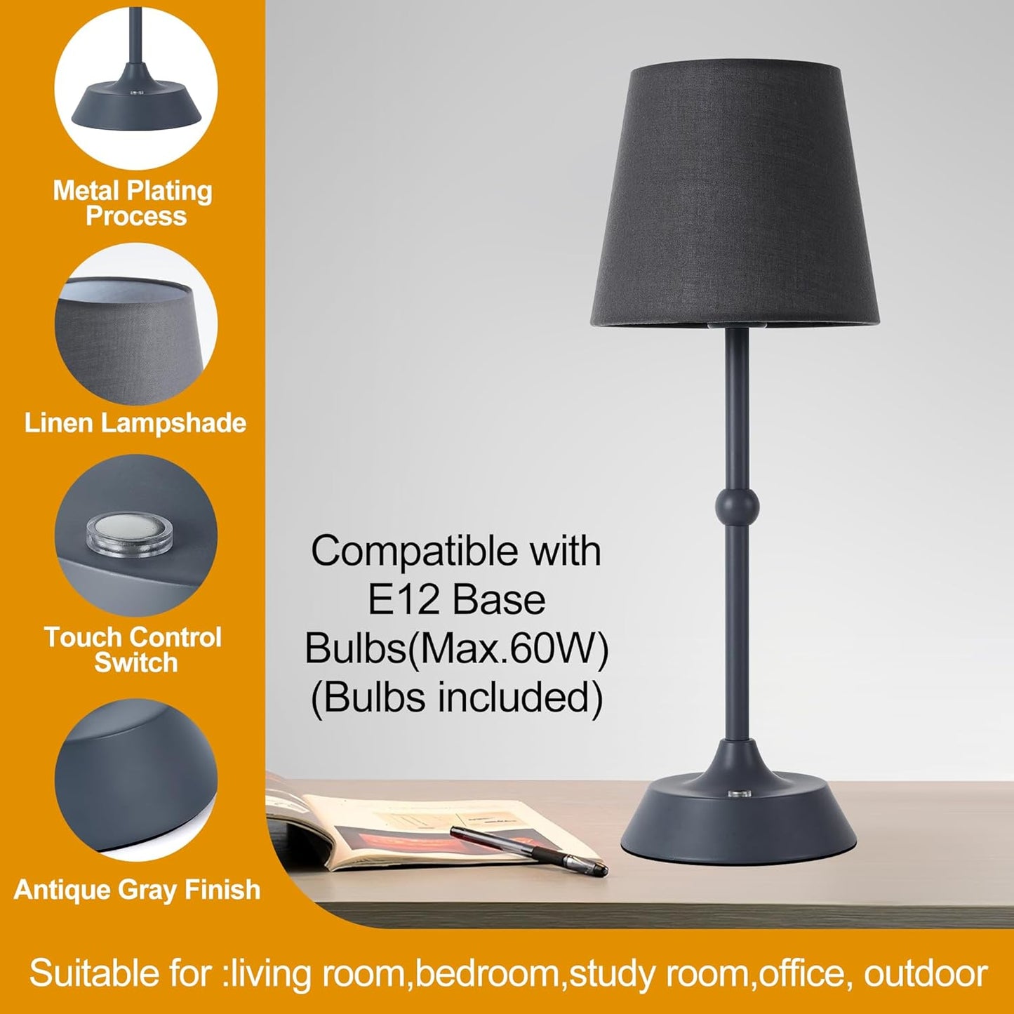 LED Cordless Grey Table Lamp Portable Dimmable Desk Lamp 6000mA Battery Powered Touch Control Table Lamp Dining Room,Bedroom,Bar,Camping,Balcony.