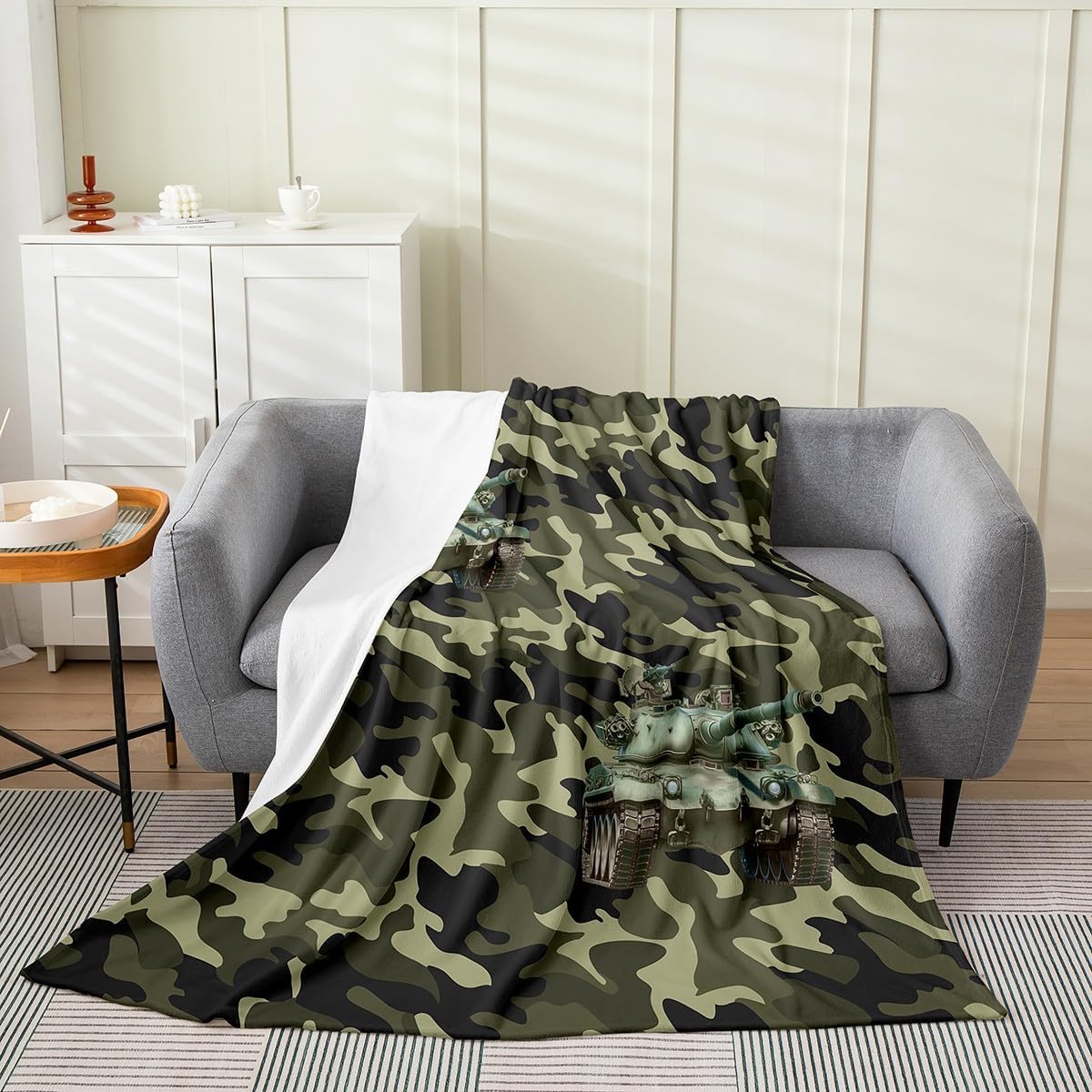 Army Green Tanks Throw Blanket Boys Girls,Dark Green Camo Fuzzy Blanket All Seasons Bed Blanket,3D Print Camouflage Car Plush Blanket Warm,Twin (60 x 80 Inches)