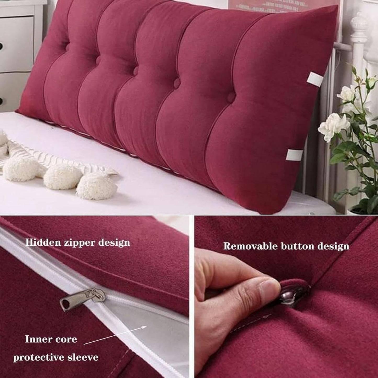 Headboard Pillow, Detachable Bolster Lumbar Pad Tatami Reading Cushion Soft Linen Cover Fluffy Body Pillow Bed Head Cushion Bed Rest Pillows(Red,80 * 60 * 20cm)