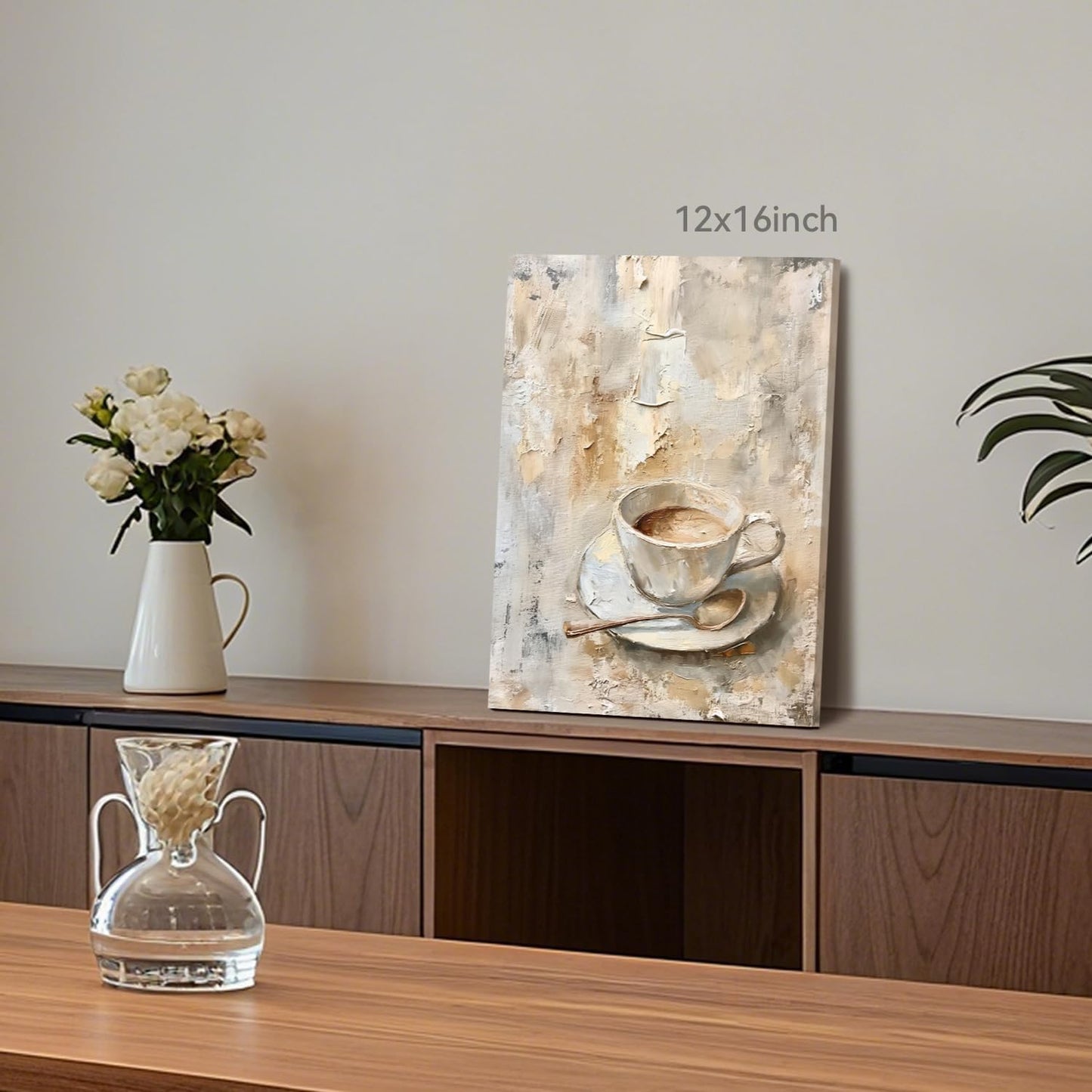 CAZLOUC Vintage Coffee Wall Art, Beige Gray Minimalist Still Life Canvas Painting, Retro Espresso Poster Print, Coffee Lover Gifts for Office Dining Room Cafe Bar Decoration Framed 16x24 Inch