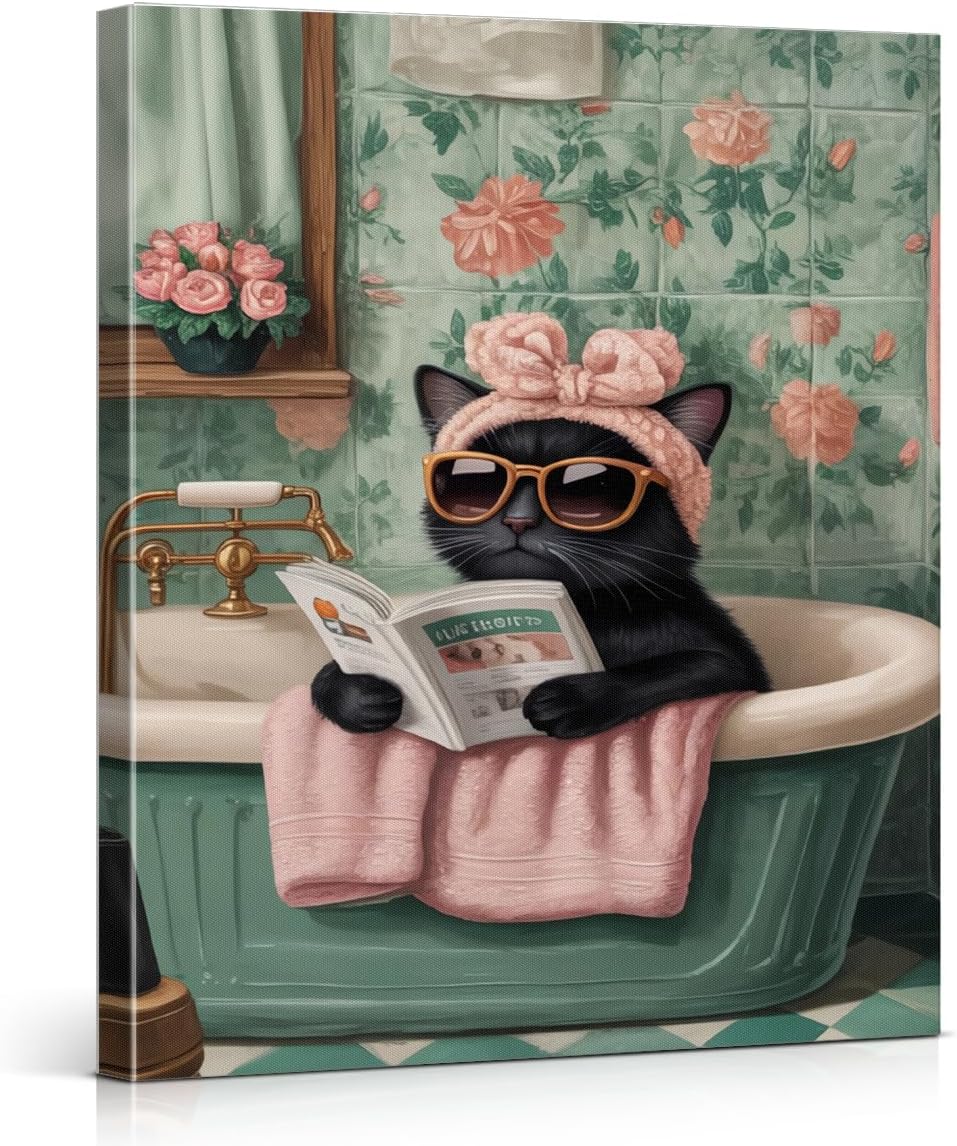 Funny Modern Cat Bathroom Wall Art Print - Cute Cat Reading in Bathtub Poster Picture - Floral Aesthetic Bathroom Wall Decor Canvas Framed 8x10 Inches