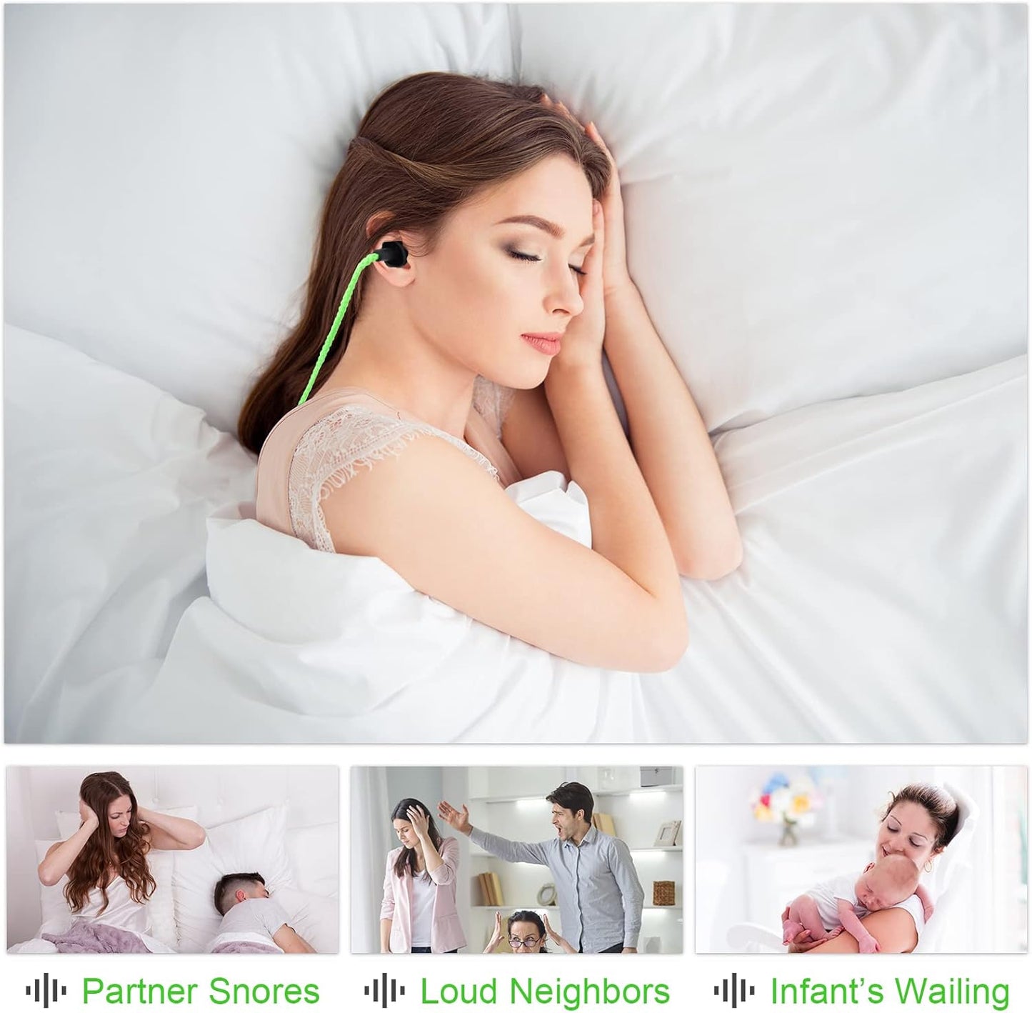 Tondiamo 200 Pairs Ear Plugs Reusable Silicone Earplugs with Cord Sleeping Individually Wrapped Hearing Protection Noise Cancelling Earplugs for Work Construction Shooting Sports(Green, Black)