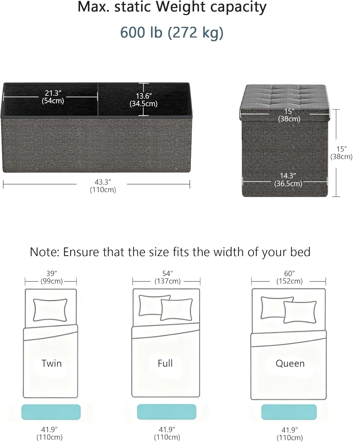 GLAXYFUR 43.3 inches Folding Storage Ottoman Bench Storage Chest Footrest for Bedroom, Entryway and Living Room, Holds up to 660 lb Dark Grey