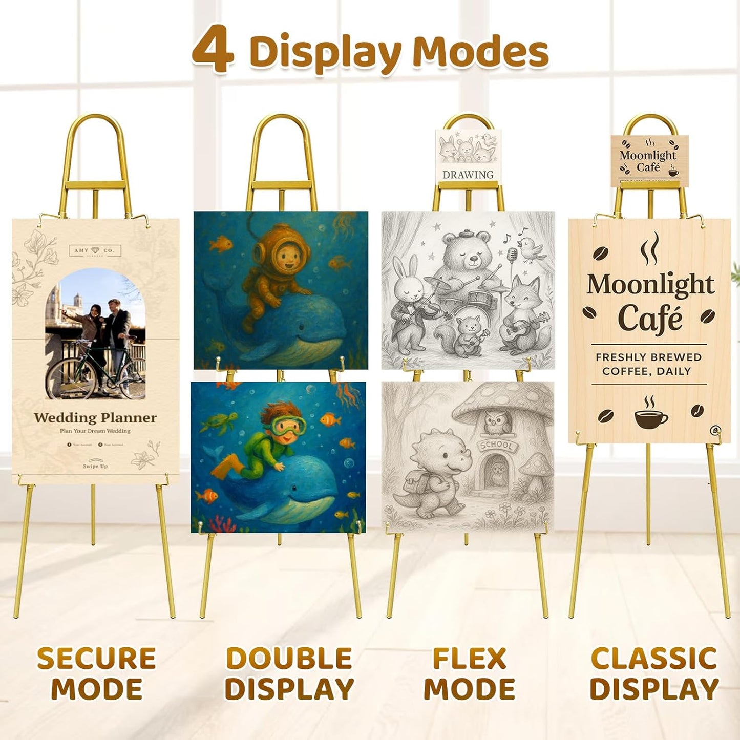 57"–42" Height Adjustable Gold Easel Stand for Signs, 4 Display Modes, Stable at Any Position with 4 Hooks – Perfect Welcome Sign Stand, Heavy Duty Easel Stand for Wedding Sign,Parties, Art & Events