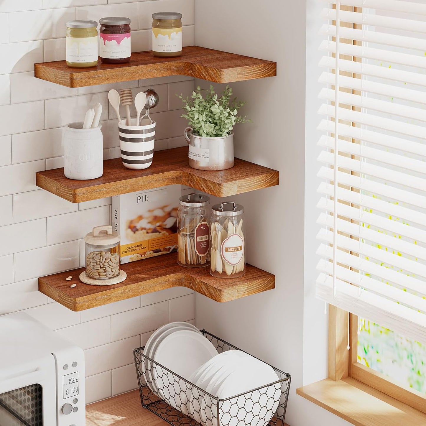 Fixwal Corner Floating Shelves for Wall Mounted Natural Solid Wood 16"x11.4" Farmhouse Home Decor Display Shelving Set of 3 (Rustic Brown)