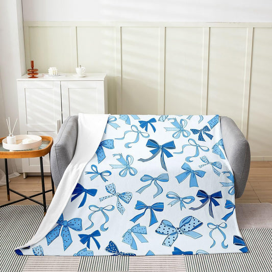 Feelyou Cute Bow Fleece Throw Blanket Bowknot Flannel Blanket Plush Fuzzy Blue Bow for Bed Couch Chair Living Room Kawaii 40"x50" Bedroom Decor