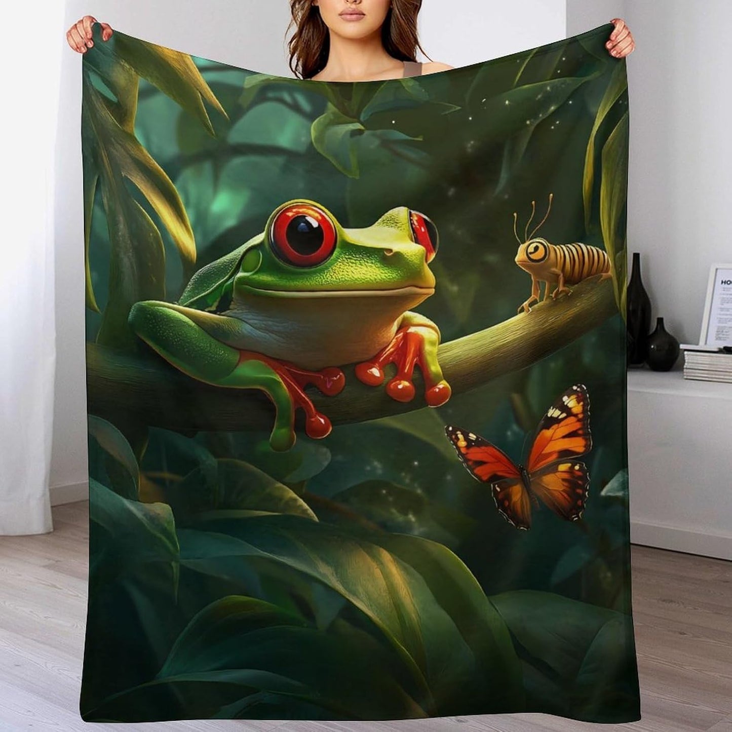 Frog Butterfly Throw Blanket for Couch Bed Plush Cozy Fuzzy Flannel Blanket for All Season 70"x80"