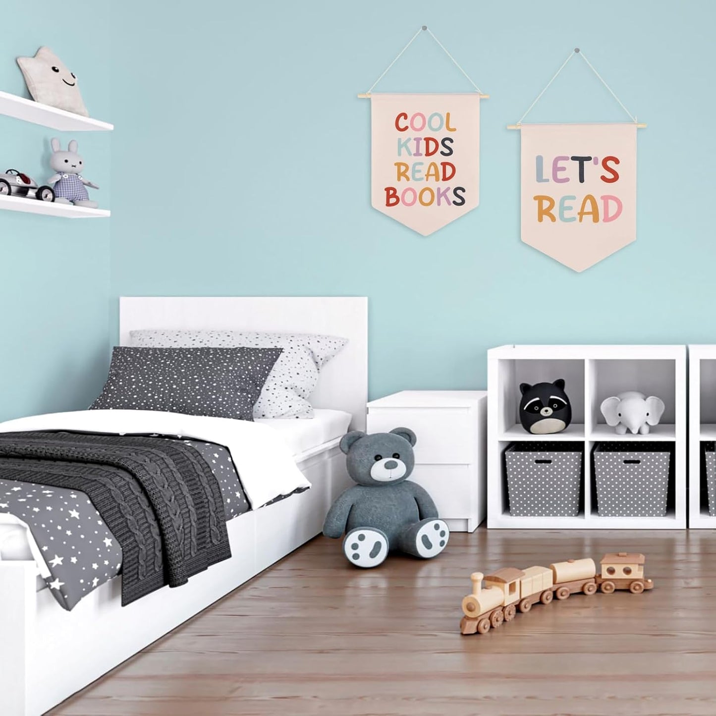 Cool Kids Read Books Hanging Banner-Kid Wall Decor, Let's Read Reading Corner Decor, Reading Nook Wall Art, 2 Pcs Boho Wooden Canvas Banner for Classroom Library Home Kids Room Nursery Preschool