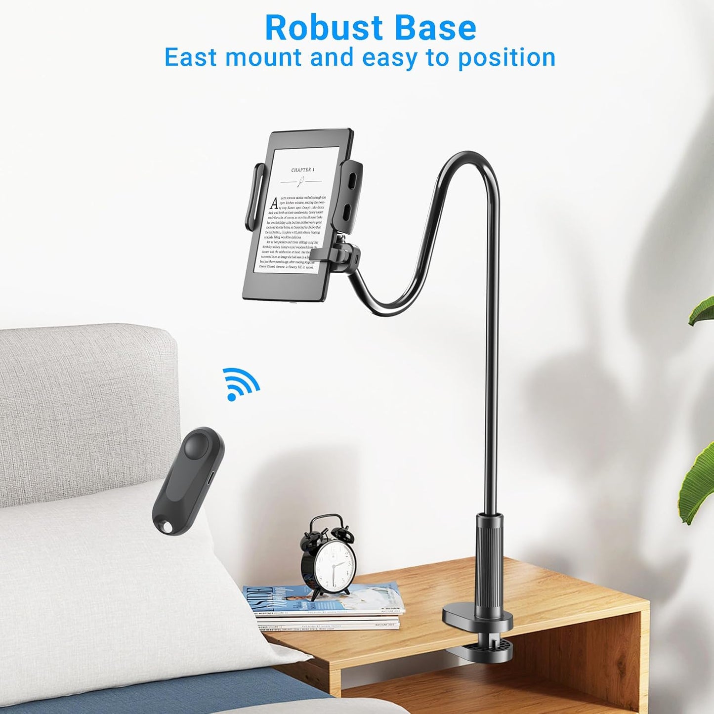 Bedside Tablet Holder for Kindle Reading in Bed with Remote Page Turner, Hands Free Desk Gooseneck Stand for Kindle Accessories, Gifts for Readers