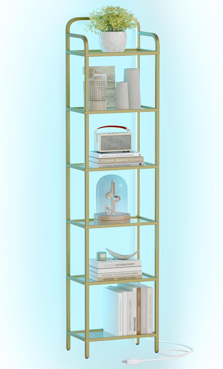 Bookshelf, Tall Narrow Bookcase with LED Lights, Tempered Glass Bookshelves with Steel Frame, Display Shelf, Slim Shelving Unit for Living Room, Bedroom, 9.6"D x 15.4"W x 66.5"H Gold BC34699G