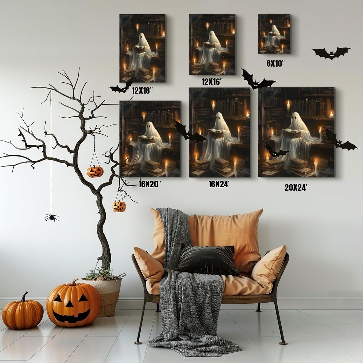 Vintage Ghost Canvas Wall Art, Framed Ghost Reading In The Library Aesthetic Print, Gothic Dark Academia Wall Decor,Gothic Art Print Painting White Ghost Picture For Bedroom Living Room 12x16 Inch