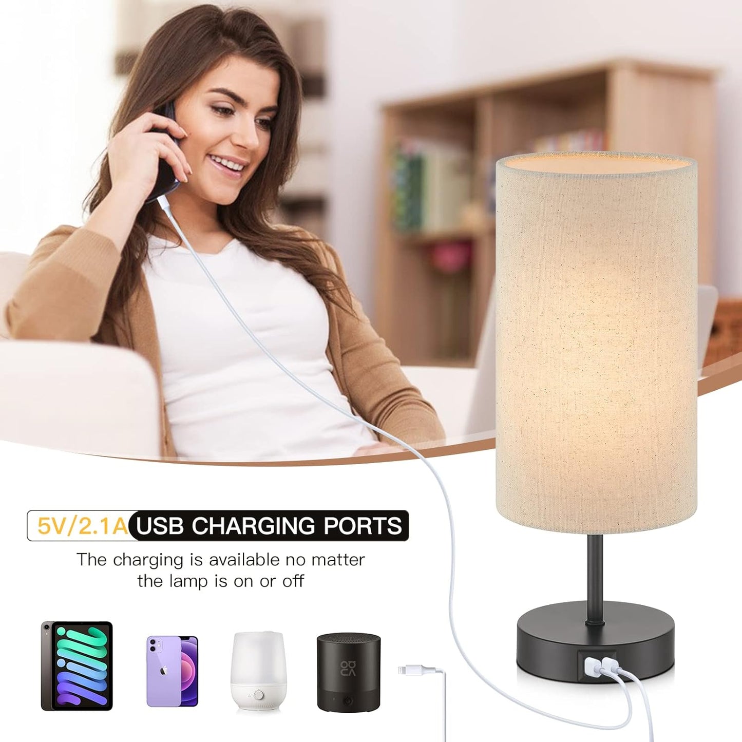Touch Control Bedside Lamp with 2 USB Ports, 3-Way Dimmable Table lamp for Bedroom, Nightstand Lamp with Round Linen Fabric Shade for Living Room Home Office (E26 LED Bulb Included)