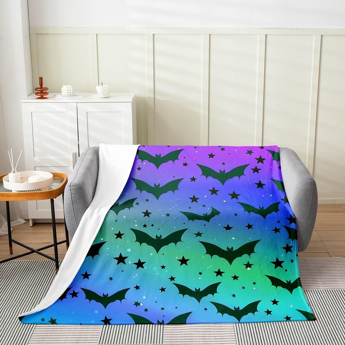 Erosebridal Bats Blanket Twin 60x80, Animals Stars Halloween Kids Adults Throw Blanket For Bed Sofa, Rainbow Gradient Printed Luxury Soft Fleece Blanket, Purple Blue Festival All Seasons Fuzzy Blanket