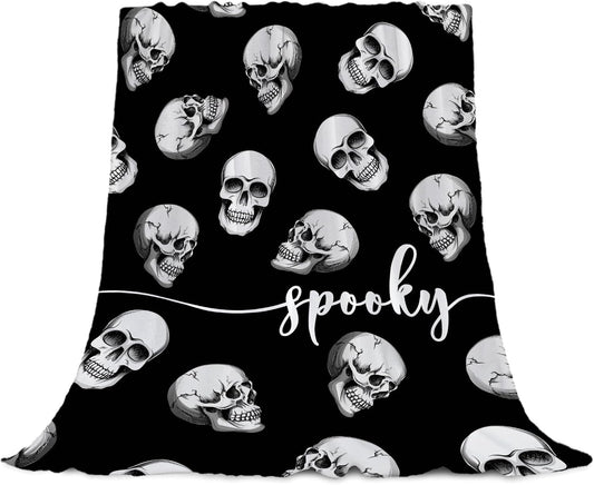 YeeJu Halloween Throw Blanket Twin XL Black Spooky Skull Blanket for Bed Couch Sofa Large Big Cozy Soft Lightweight Fuzzy Plush Fleece Blankets and Throws Holiday Decorative Blanket 66X90
