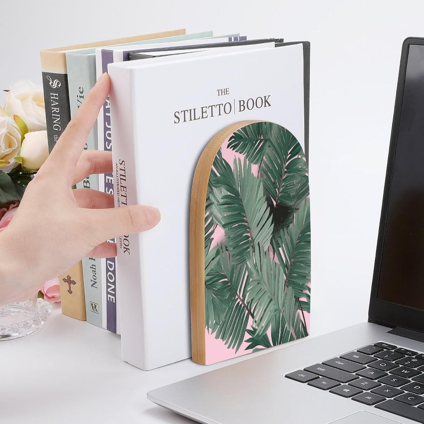 Green Palm Tree Leaves Pink Bookend for Shelves Wooden Book End Large Size Sturdy Book Holders Stoppers with Metal Base for Bookshelves Slick Decorative Bookends Stands