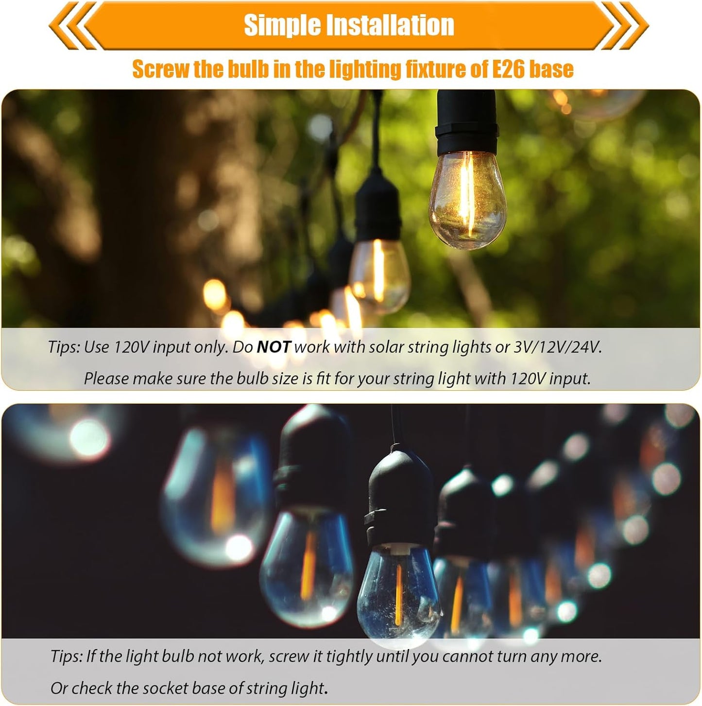 25 Pack S14 Replacement Bulbs for String Lights, 1W LED Waterproof Shatterproof Outdoor Light Bulbs, 2200K Amber Warm White, E26 Base, 70LM, AC120V, Non-Dimmable