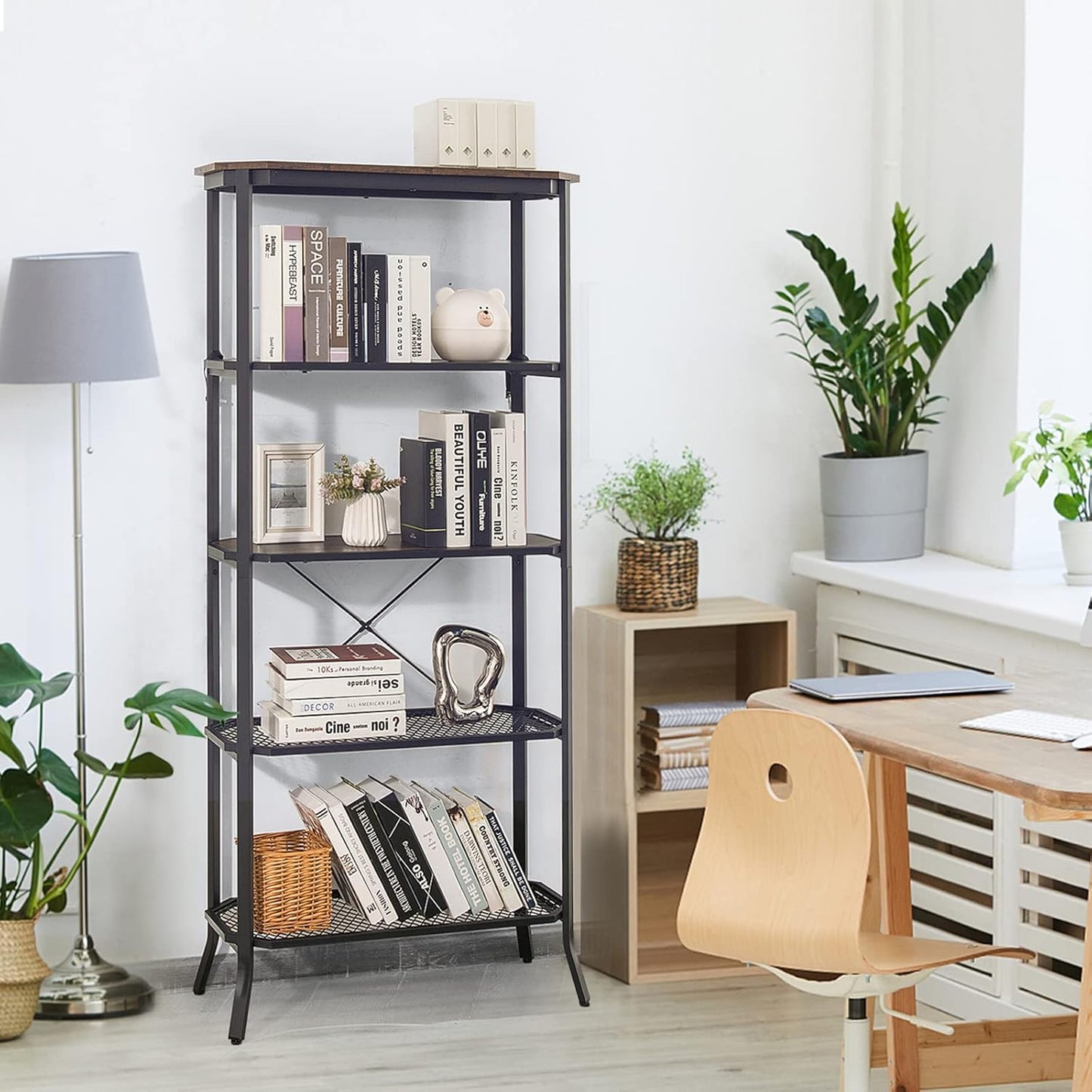 Tangkula 5 Tier Bookshelf, Freestanding Storage Shelving Unit with Steel Frame and Out-Stretched Legs, Industrial Open Display Shelf Plant Stand Organizer for Living Room Home Office