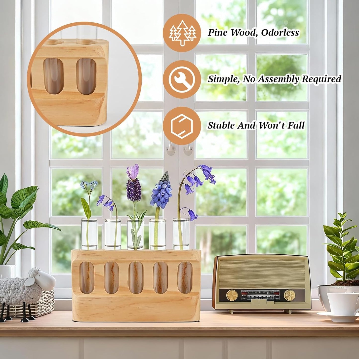 Plant Propagation Station with 9-Level Dimmable LED Light, 5 Glass Test Tube Vases, Wooden Stand for Hydroponic Plants, Gardening Gift for Women & Plant Lovers, Desktop Terrarium & Home Decor