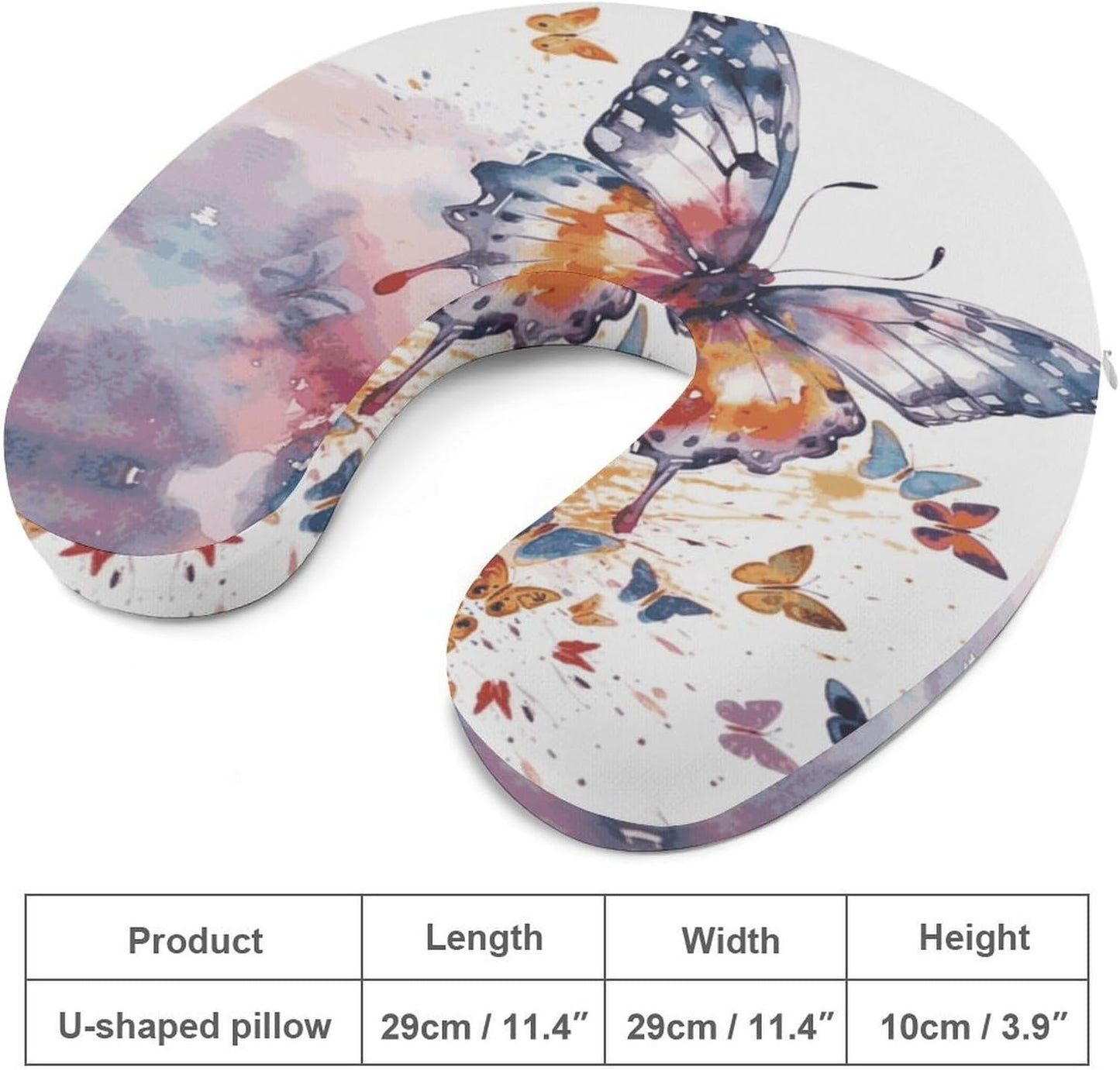 Watercolor Butterfly Neck Pillow Memory Foam U Shaped Pillows Portable Pillows for Shoulder Travel Head Support Pillow with Concealed Zipper for Airplane Car Home Office