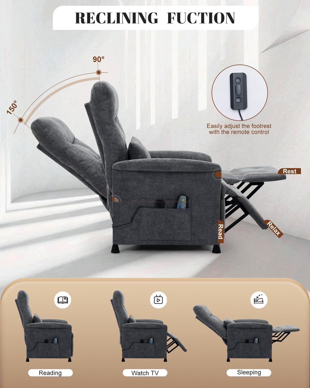 Power Recliner Chair with Heat Vibration Massage Electric Reclining Sofa with Lumbar Support Adjustable Soft Fabric Recliners for Adults Living Room Bedroom