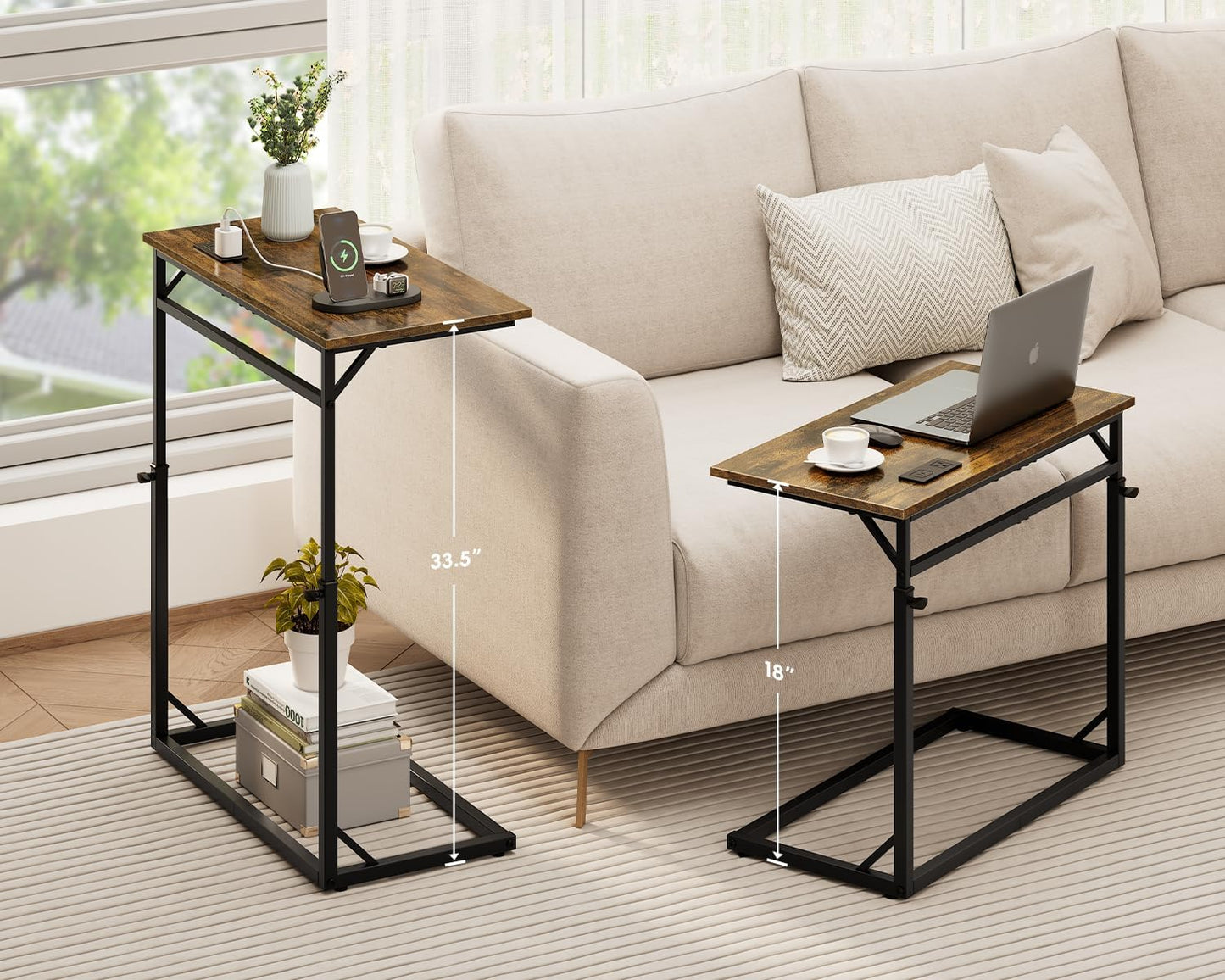 Vagusicc C Shaped End Table with Charging Station, Large C-Table End Table Adjustable Height Side Table for Couch, Couch Table Slide Under Sofa Table TV Tray Table for Sofa, Living Room, Bedroom,Brown