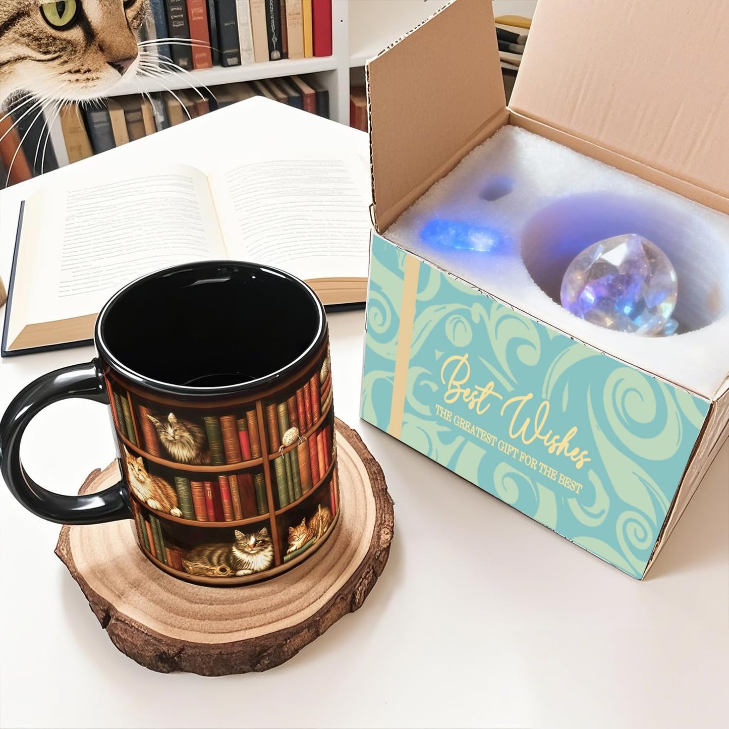 Cat Bookshelf Coffee Mug Gifts for Book Lovers, Book Lover Bookish Gifts for Bookworm Women Readers Librarian Writer, Cat Lovers Black Mugs 11oz