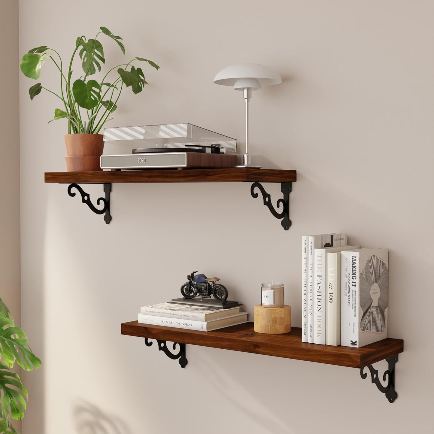 Solid Wood Floating Shelves for Wall with Metal Brackets,2 Tier 24 inch Pinewood Wall Shelf,Suitable for Multiple Places Such As Bedrooms,Kitchens,and Living Rooms(Walnut Finish)