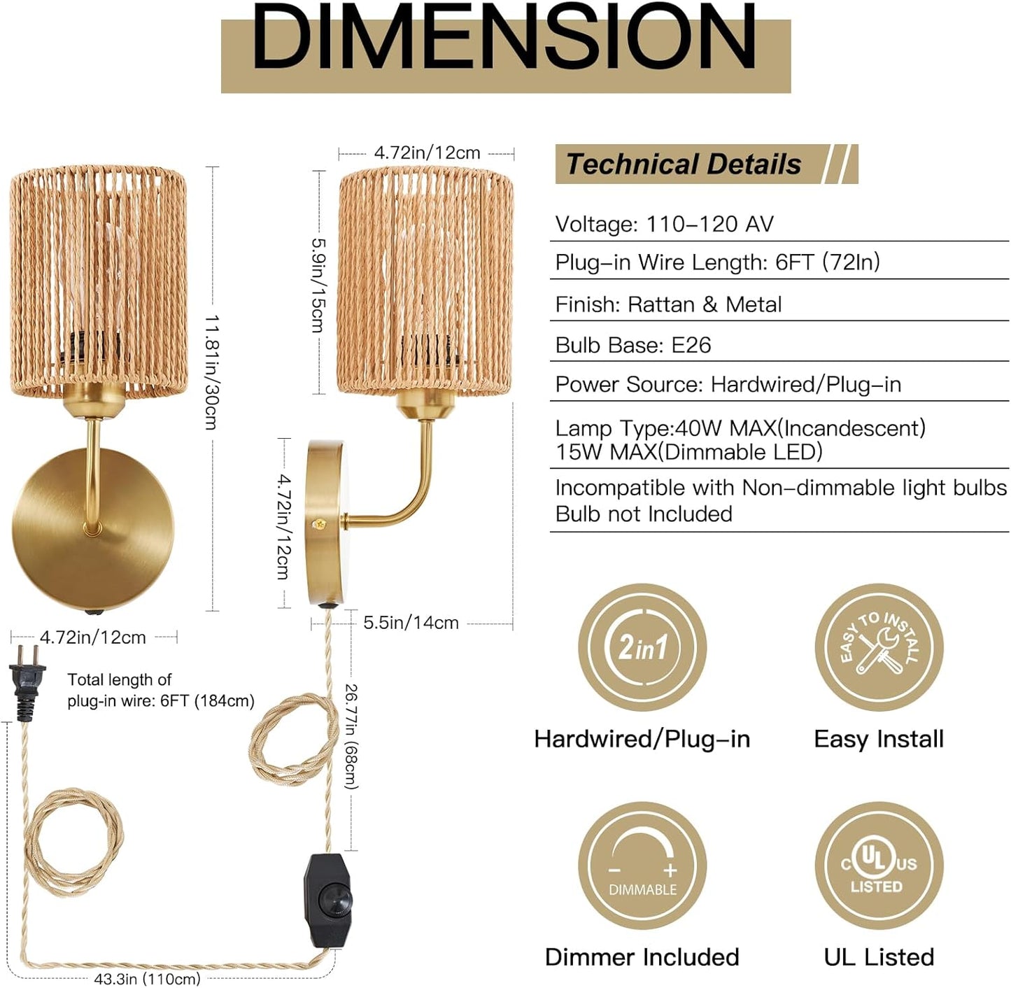Wall Sconce Light Plug In Set of 2, Stepless Brightness Hand Woven Rattan Wall Light with Dimmable ON/OFF Cord Switch, Gold Brass Metal Wall Mounted Light, Boho Lamp for Bedside Bedroom Living Room