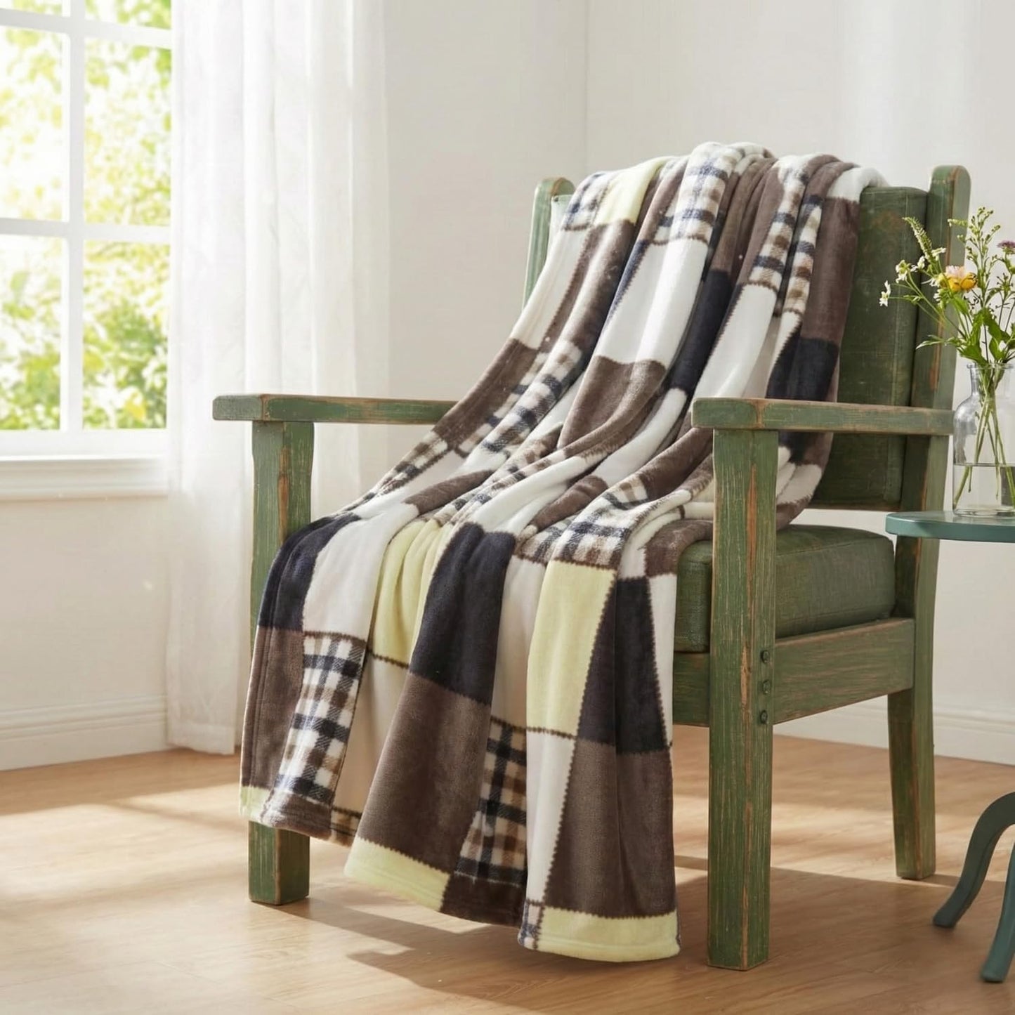 Tache Buttermilk Yellow Brown Farmhouse Super Soft Micro Fleece Plaid Patchwork Plush Lightweight Dual-Sided Decorative Couch, Sofa, Travel, Lap, Bed Easter Throw Blanket, 50x60