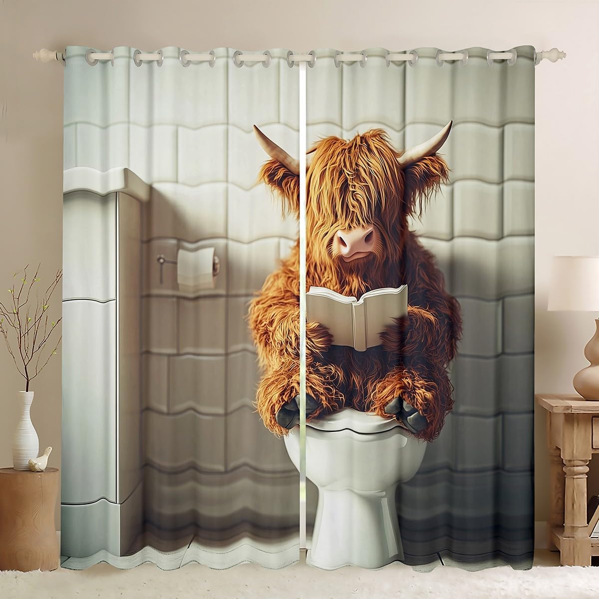 jejeloiu Funny Highland Cow Curtain (2 Panels, 52 x 84 Inch) Kids Highland Cattle Blackout Shades Reading Book Rustic Farm Room Darkening Curtain Window Treatments,Microfiber