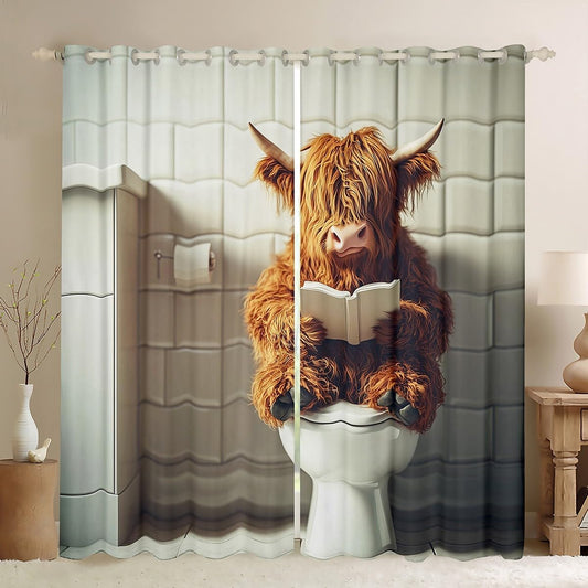 jejeloiu Funny Highland Cow Curtain (2 Panels, 52 x 84 Inch) Kids Highland Cattle Blackout Shades Reading Book Rustic Farm Room Darkening Curtain Window Treatments,Microfiber