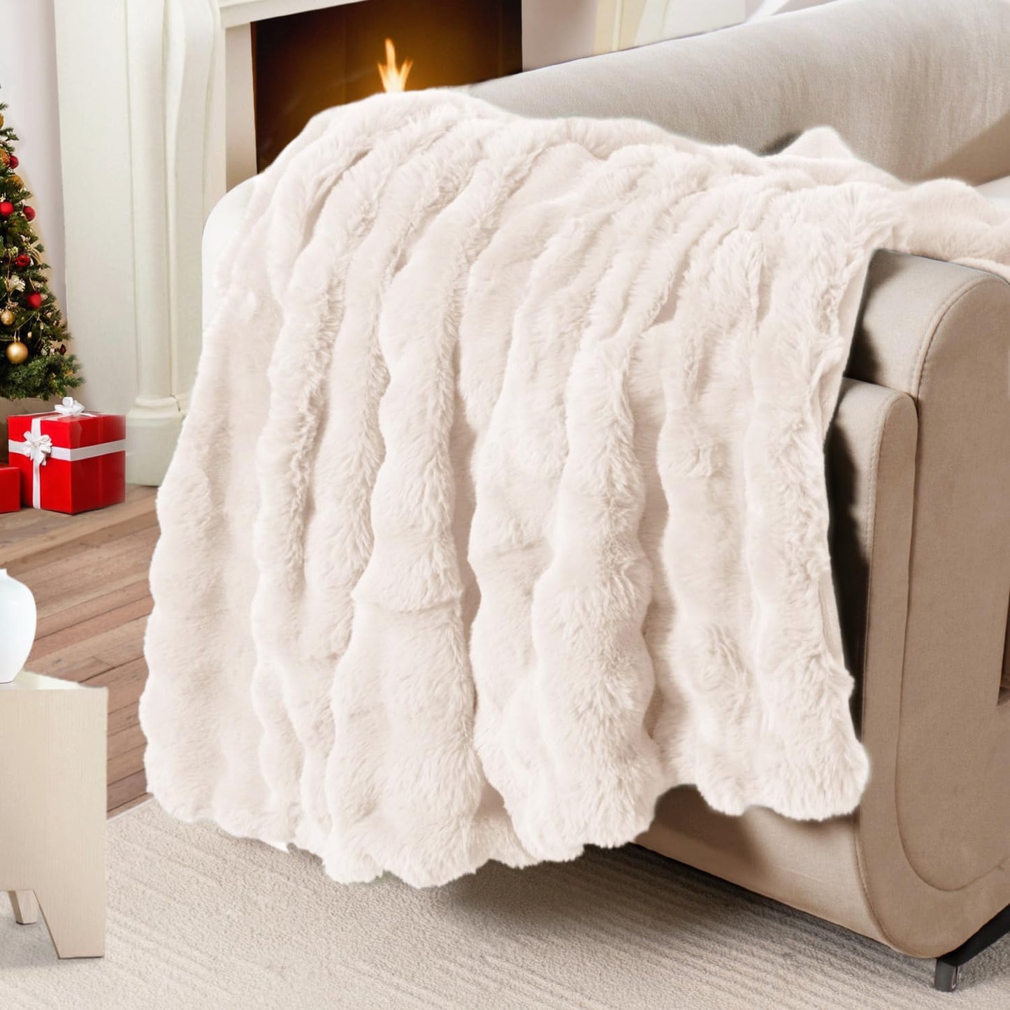 Faux Fur Throw Blanket, Gifts for Women Men, 50x60 Inches Soft Bubble Rabbit Fuzzy Blanket for Bed, Living Room, Plush Cozy & Fluffy Fall Blankets - Cream White
