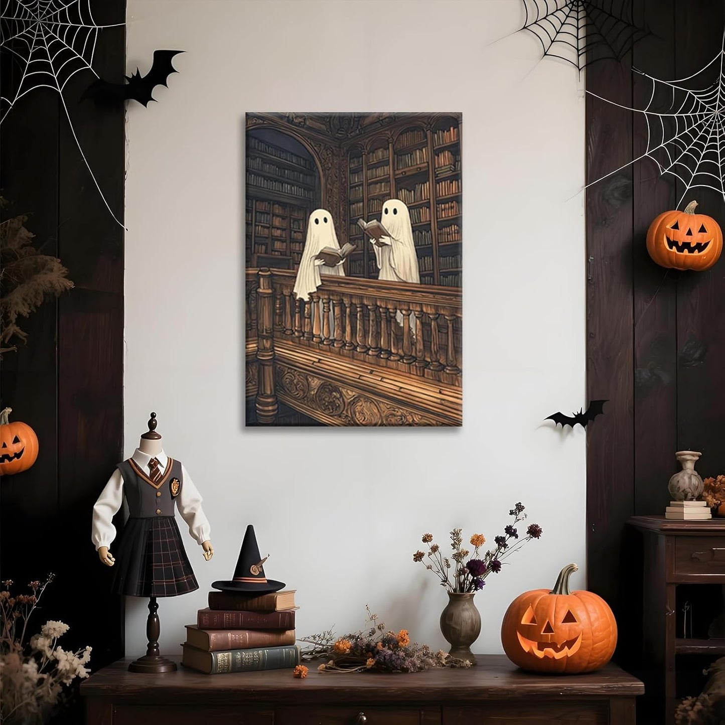 Moody Halloween Wall Art Two Cute Ghosts in A Library Poster Spooky Ghost Decor Dark Academia Canvas Print Reading Book Aesthetic for Living Room Apartment Bedroom 12x16inch Unframed