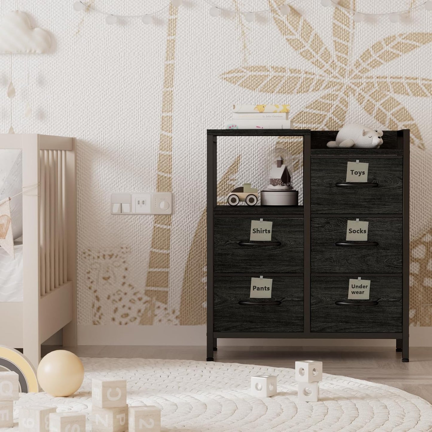 Furnulem 5 Drawer Black Dressers for Bedroom 2 Tier Shelf Storage Small Fabric Dresser for Closet Sturdy Metal Frame Modern Style Storage Cabinets Organization Units for Hallway Rooms