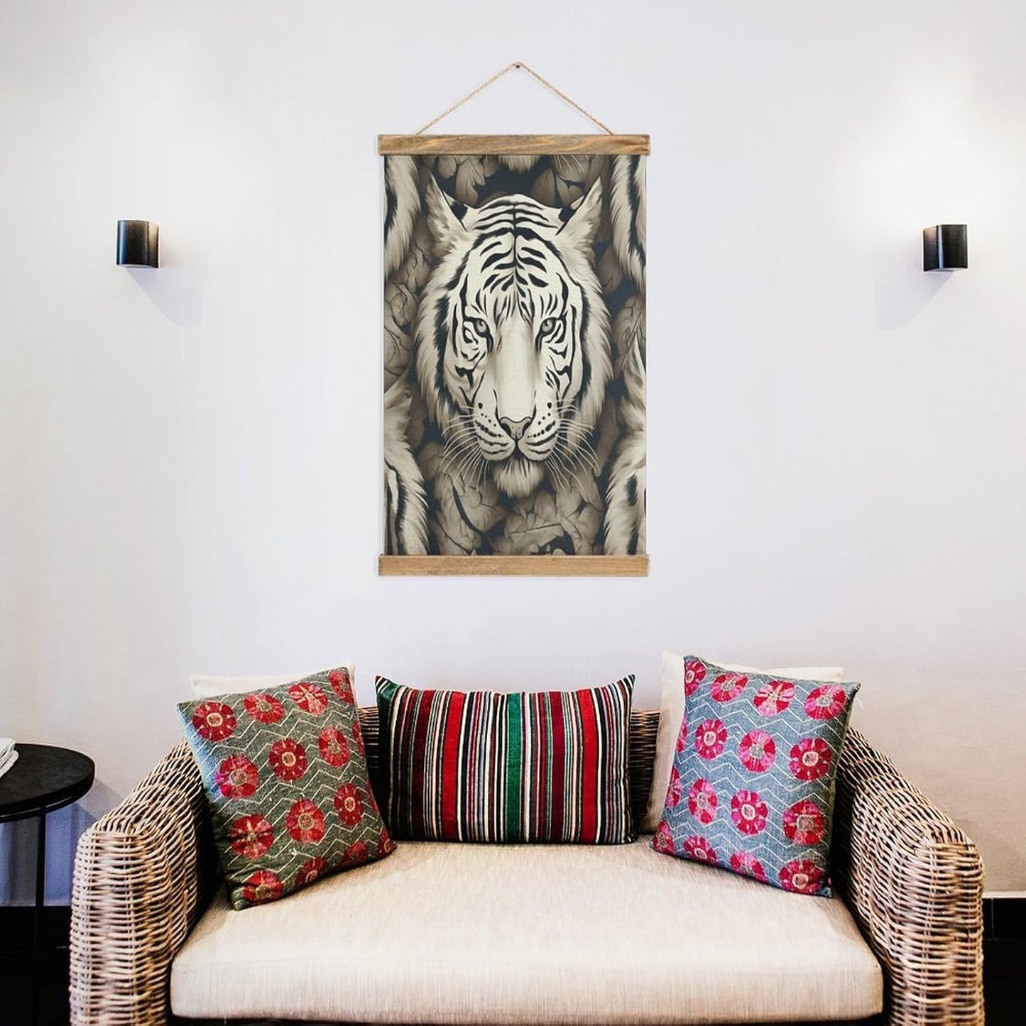 Vintage White Tiger Head Pattern Poster with Wooden Frame Personalized Linen Hanging Scroll Painting Rustic Wall Hanging Illustrative Modern Artwork Decor for Home Living Room Bedroom Office