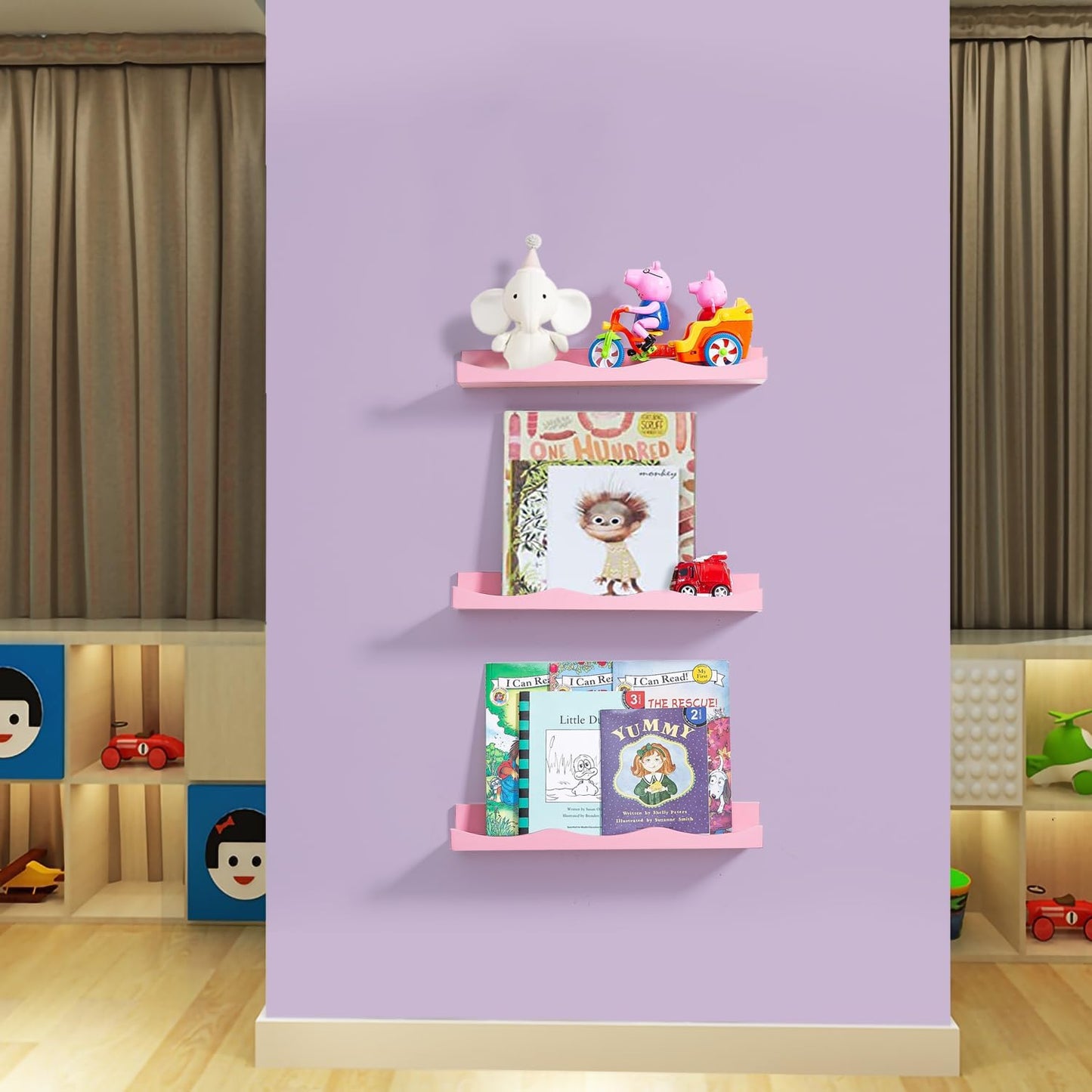 AZSKY Floating Bookshelf for Kids, Floating Shelves for Wall Cloud Picture Ledge Shelf Pink 16 Inches Nursery Book Shelves Set 3, Baby Book Shelf for Kids Room, Toddler Room, Baby Room, Nursery Decor