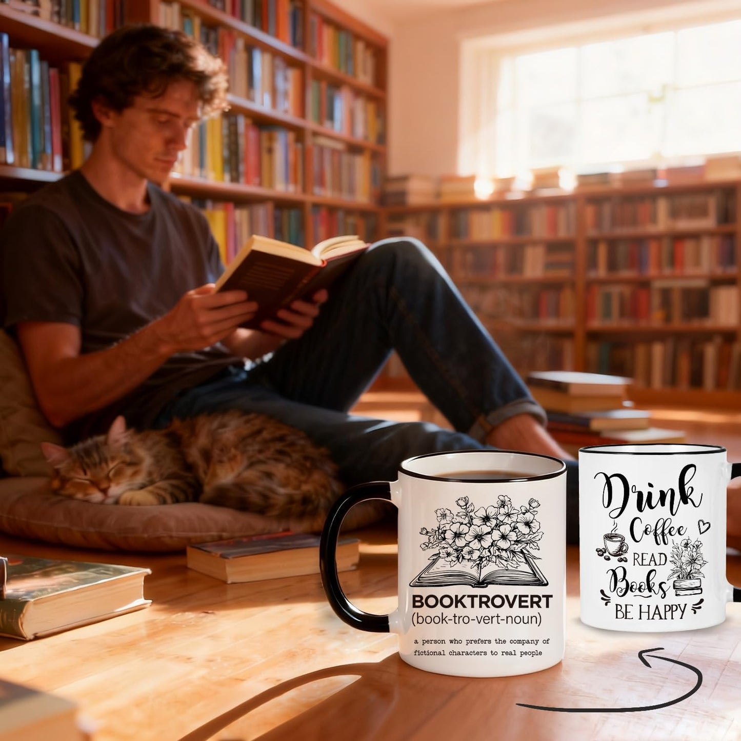 Booktrovert Definition Coffee Mug Book Lover Gifts for Women Men Friends Librarian Bookworm, Reading Themed Ceramics Mugs 11oz, Book Clubs Gifts for Christmas Birthday, Dink Coffee Read Books Be Happy