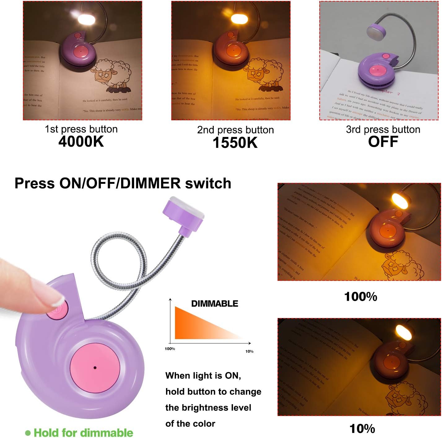 Kids Rechargeable Book Light, Clip on Reading Light for Kid, Kids Reading Lights, Amber Book Light for Reading in Bed, 2 Lighting Modes, Blue Light Blocking, Bookmark Light for Bookworms-Violet