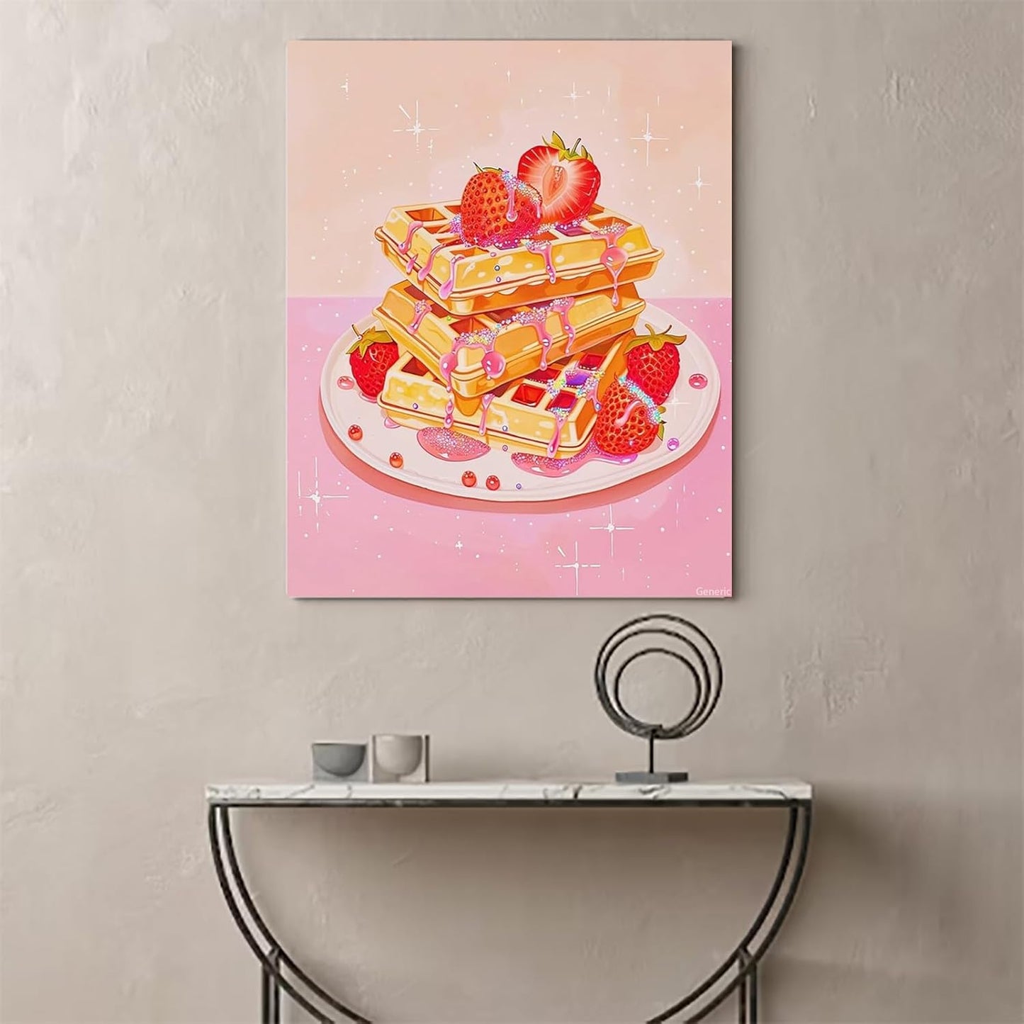 Pink Waffles Art Poster Strawberry Cake Canvas Painting Pink Wall Art Vintage Trendy Balletcore Decor Preppy Kitchen Wall Art Coquette Room Decor Aesthetics Poster Framed 8x10inch