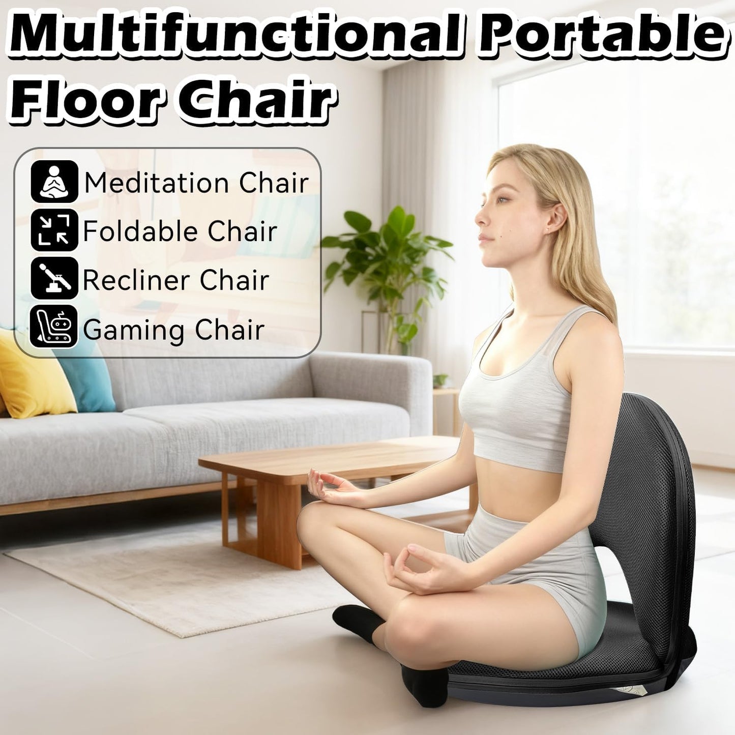 Floor Chair Floor Cushion Folding Padded Gaming Chair Adjustable 5-Position Floor Seat with Back Support for Kids Adult Great for Gaming Reading Meditating (Black)