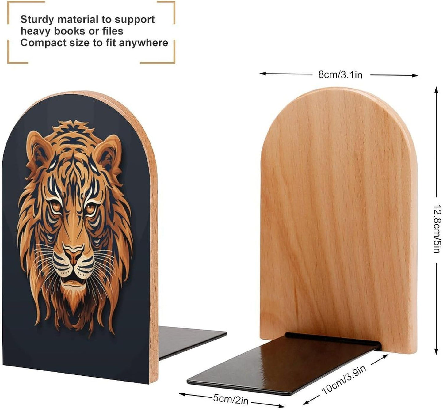 New Year Tiger Logo Design Bookends 1 Pair Heavy Duty Book Ends for Shelves Non-Skid Bookend Supports Wooden Book Holders with Metal Base Desk Organizers Books Storage to Hold Books