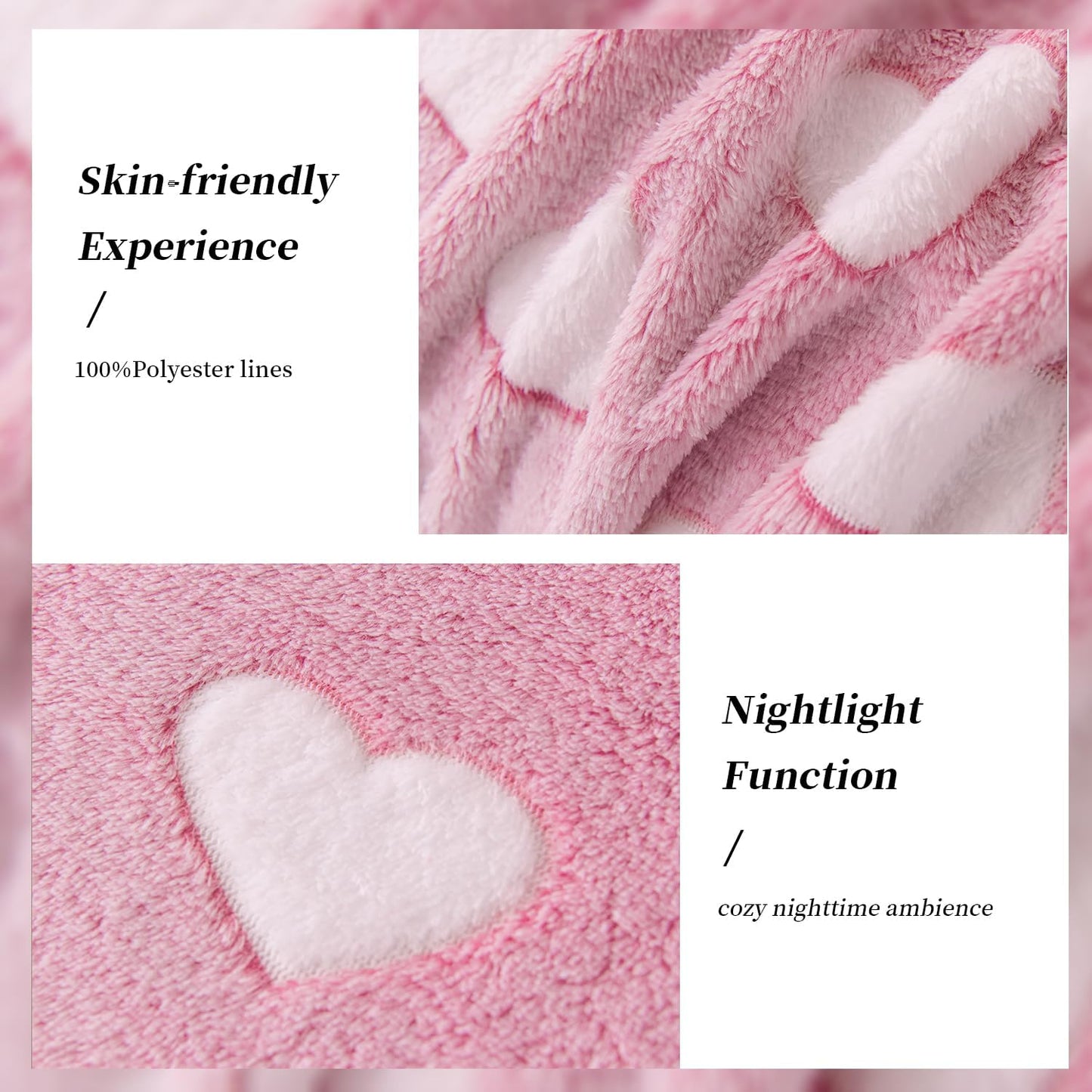 Glow in The Dark Throw Blanket, Soft Pink Heart Throw Blanket with Luminous Heart Pattern, Cozy Soft Blanket for Couch Sofa Bed, Cute Heart Design Blanket, All Season Use, 60 x 80 Inches