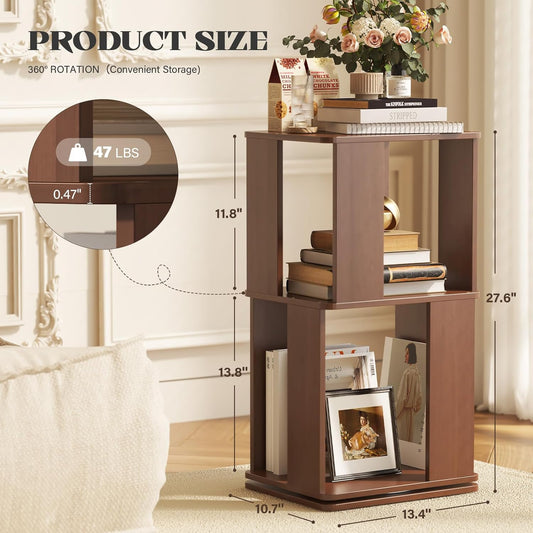 Easyego 2 Tier Solid Wood Rotating Bookshelf, 360° Upgrade Spinning Book Shelf, Revolving Bookcase Organizer, Swivel Bookshelves for Small Spaces, Corner, Bedroom, Kids Room, Office (Walnut)