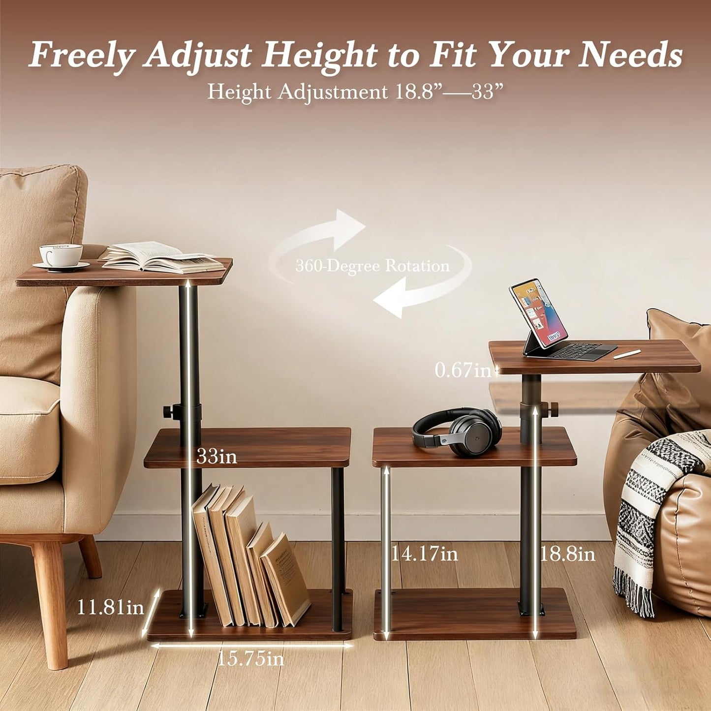 Swivel Side Table for Couch Arm, Height Adjustable C Shaped End Table for Recliner or Bed, Tv Trays with Storage Shelf for Small Spaces- Small Nightstand for Living Room, Bedroom