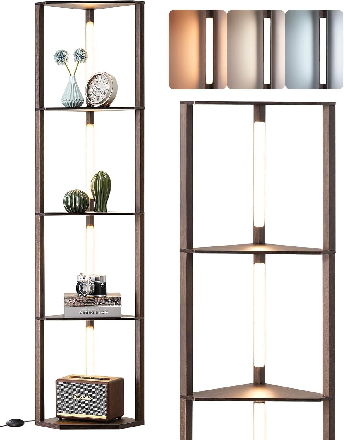 EDISHINE Dimmable LED Floor Lamp with Shelves, Corner Floor Lamps for Living Room, Corner Shelf with LED Light, 3CCT, Modern Standing Lamp, Floor Lamp for Bedroom, Office, Walnut