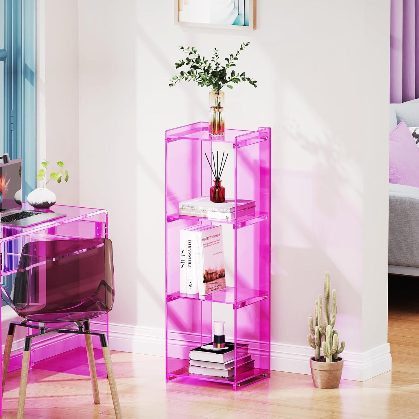 Acrylic Bookcase Small Narrow Shelf Bookshelf Corner Bookshelf Freestanding Tall Skinny Storage Organizer Rack, for Living Room, Kitchen, Bedroom 43.3" H (Pink)
