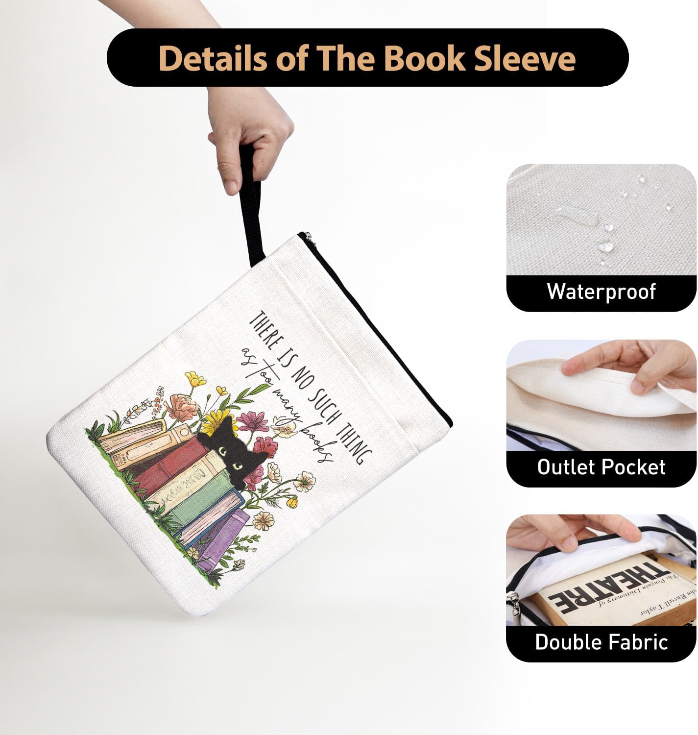 There is No Such Thing As Too Many Books Book Sleeve for Book Lovers Bookish, Black Cat Book Cover Gifts for Women Librarian Teachers Book Club Bookworm Birthday Graduation Reading Day