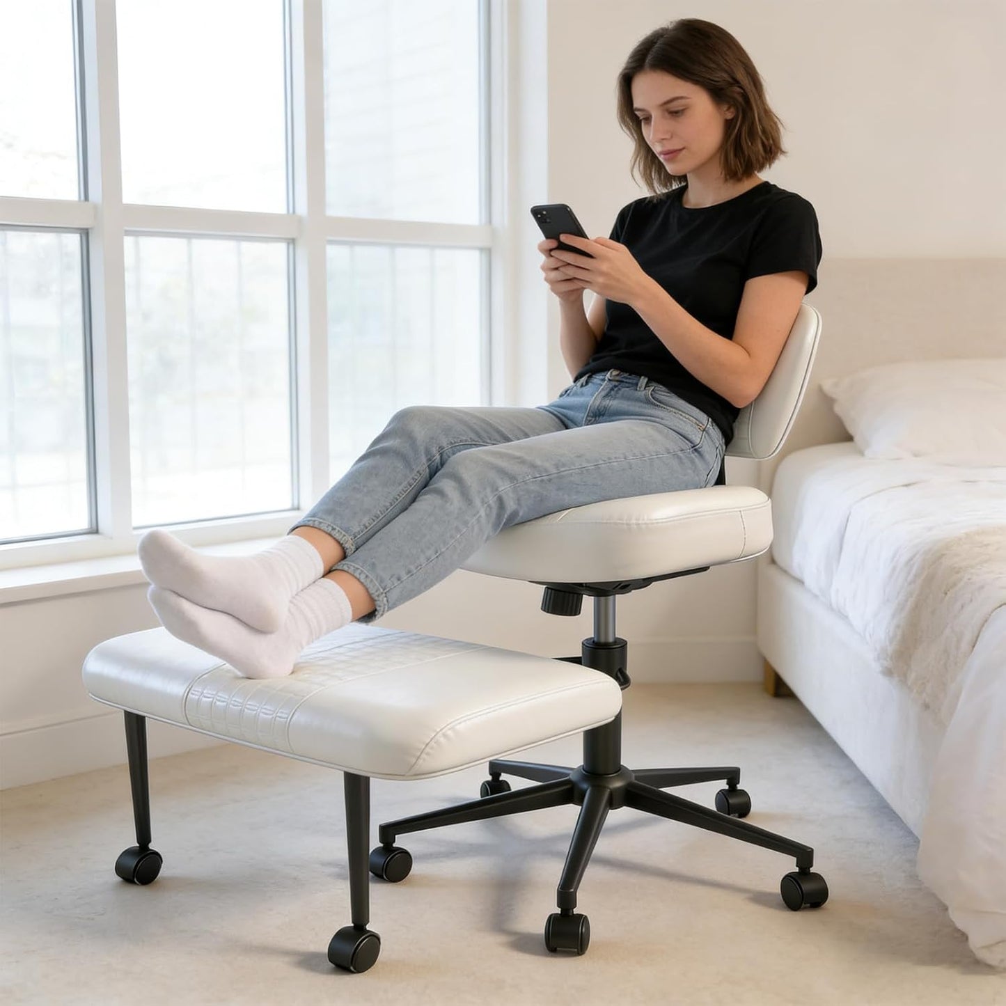 Meditation Chair with Footrest, 360° Swivel Height Adjustable Criss Cross Chair, White PU Padded Wide Seat, Home Office Desk Chair for Reading, Yoga, Peaceful Living