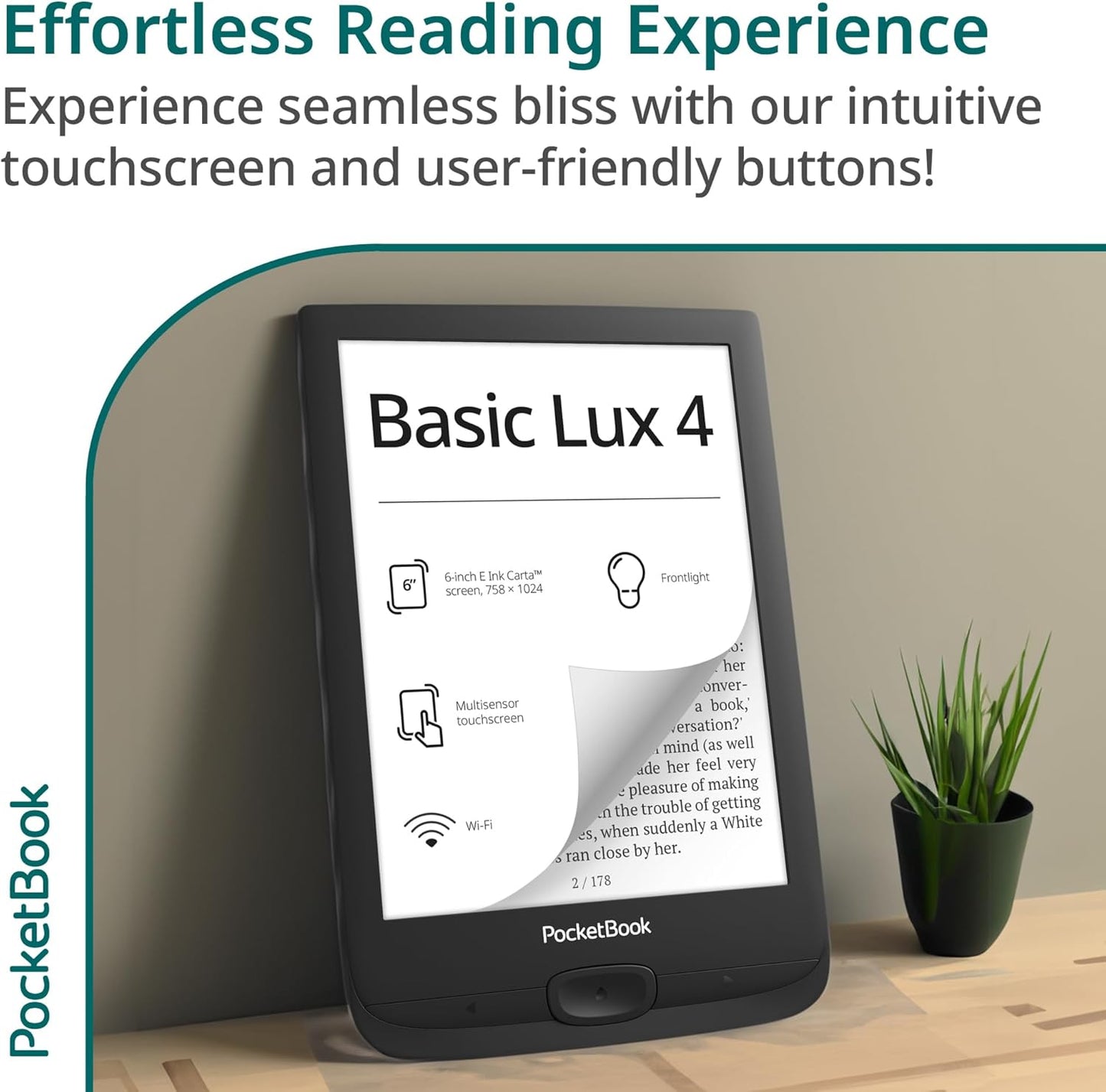 PocketBook Basic Lux 4 E-Book Reader - 6" Glare-Free HD E-Ink Display - Frontlight - Compact & Lightweight Ebooks Reader - Wi-Fi, Ergonomic Buttons - MicroSD Slot - Eye-Friendly Ereader
